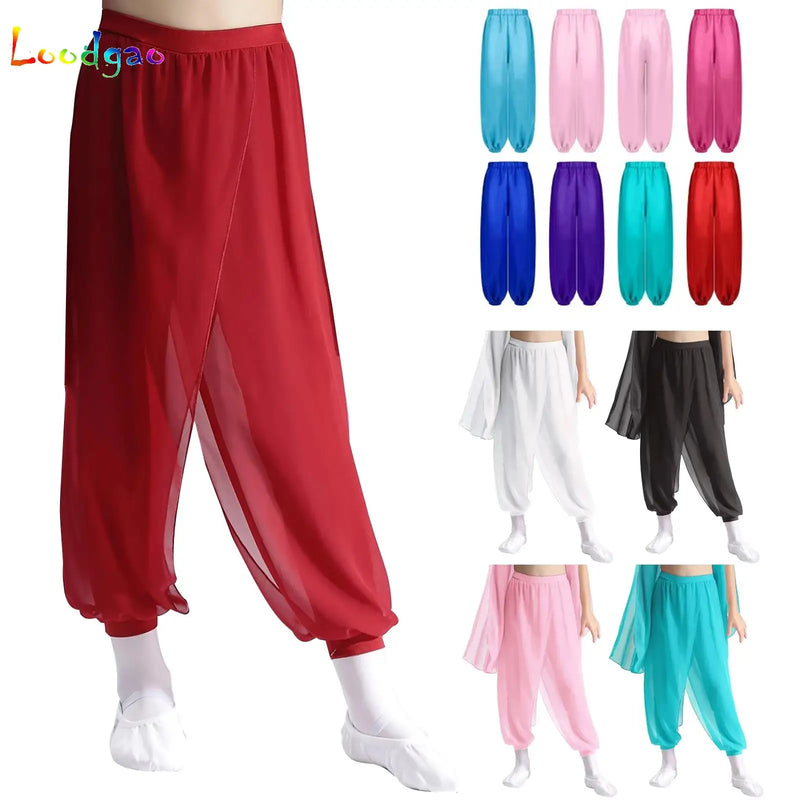 Chiffon Overlay Pants Yoga Pants Loose Wide Leg Pants Modern Classical Dance Pants For Kids Girls Fitness Training Bloomers