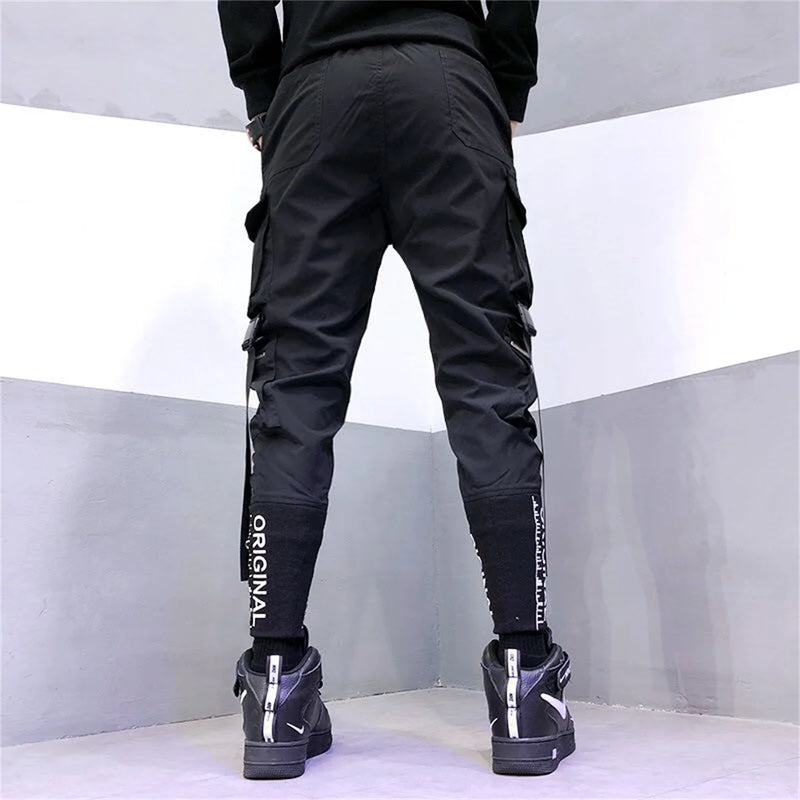 Men's Cargo Pants Casual Hip Hop Hit Color Multiple Pockets Trousers Streetwear Ribbons Techwear Sweatpants Boys