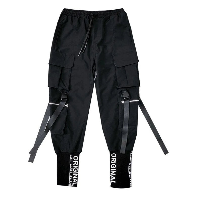 Men's Cargo Pants Casual Hip Hop Hit Color Multiple Pockets Trousers Streetwear Ribbons Techwear Sweatpants Boys