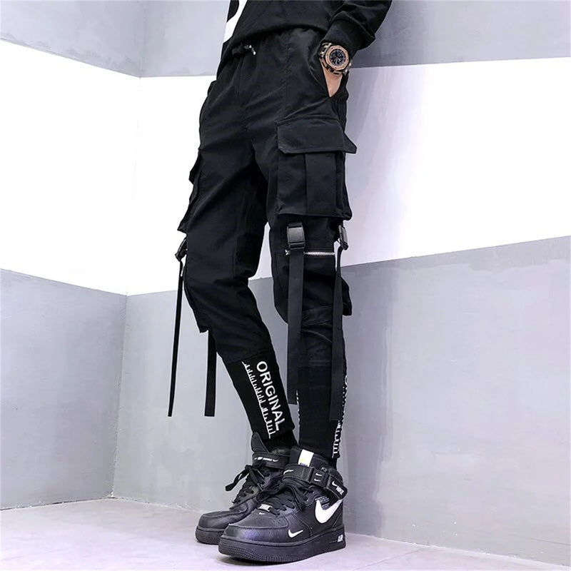 Men's Cargo Pants Casual Hip Hop Hit Color Multiple Pockets Trousers Streetwear Ribbons Techwear Sweatpants Boys