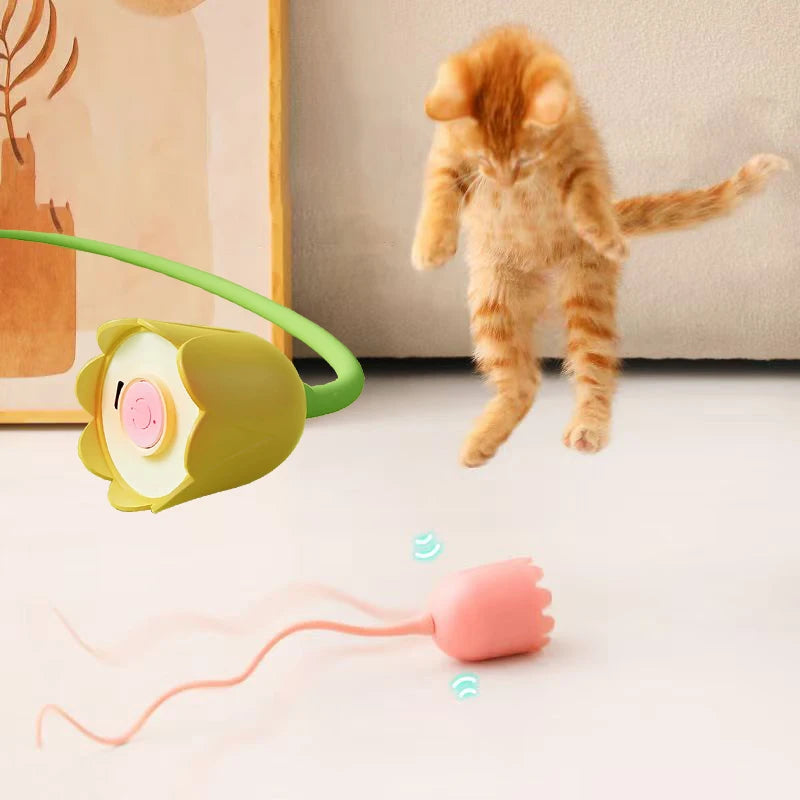 Interactive Cat Toys USB Electric Intelligent Rolling Ball Toy Cats Pet Silicone Automatic Rotate Mouse Tail Kitten Teaser Stick